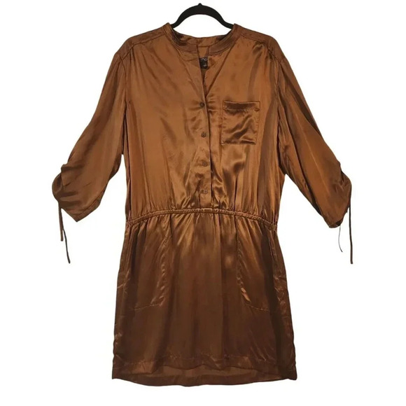 Ann Taylor 100% Silk Mini Dress Clay Brown Long Sleeve Pull-On Pocket Size 14 - Picture 1 of 10